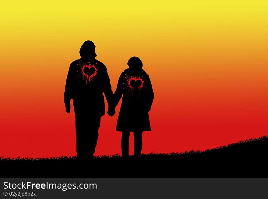 A silhouette of two lovers. A silhouette of two lovers