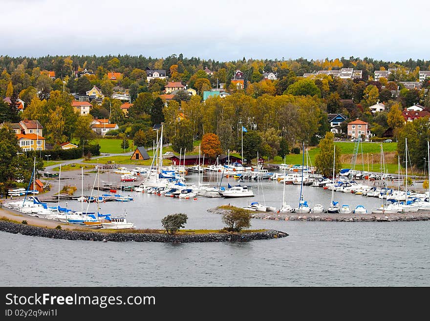 Autumn boats staing in gulf, Sweden