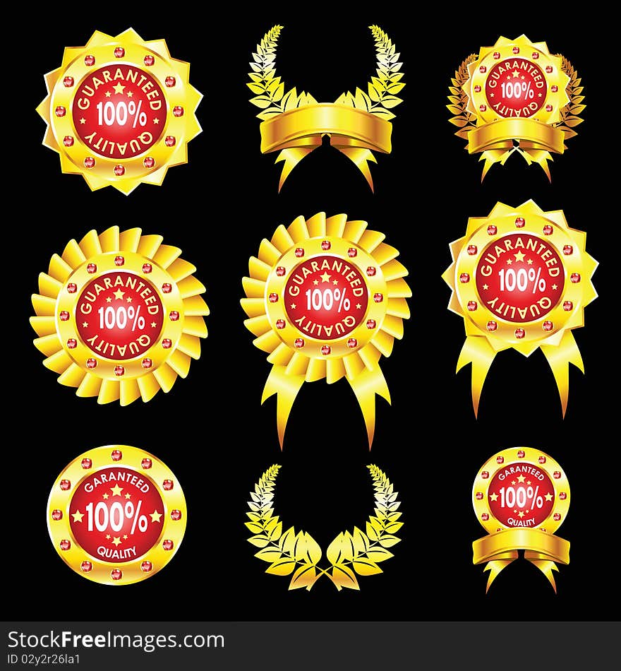 The set of golden badges isolated on black background