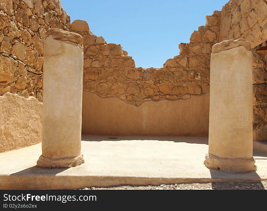 Ruins of ancient colonnade in Masada fortress