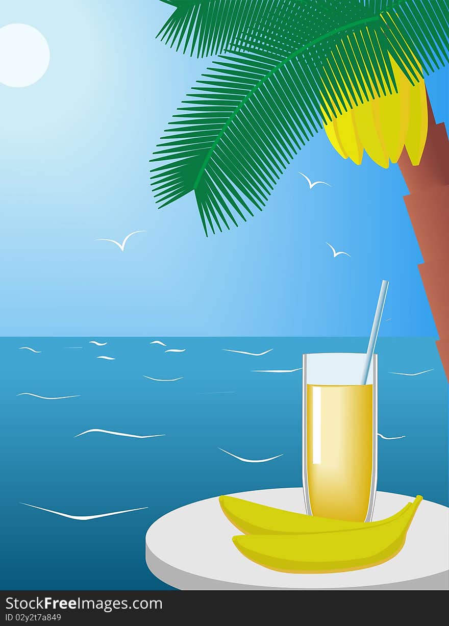 Banana and a glass of juice under a palm tree are shown on the image. Banana and a glass of juice under a palm tree are shown on the image