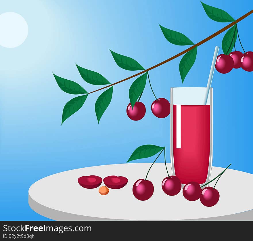 Cherries and juice in a glass are shown in the image. Cherries and juice in a glass are shown in the image