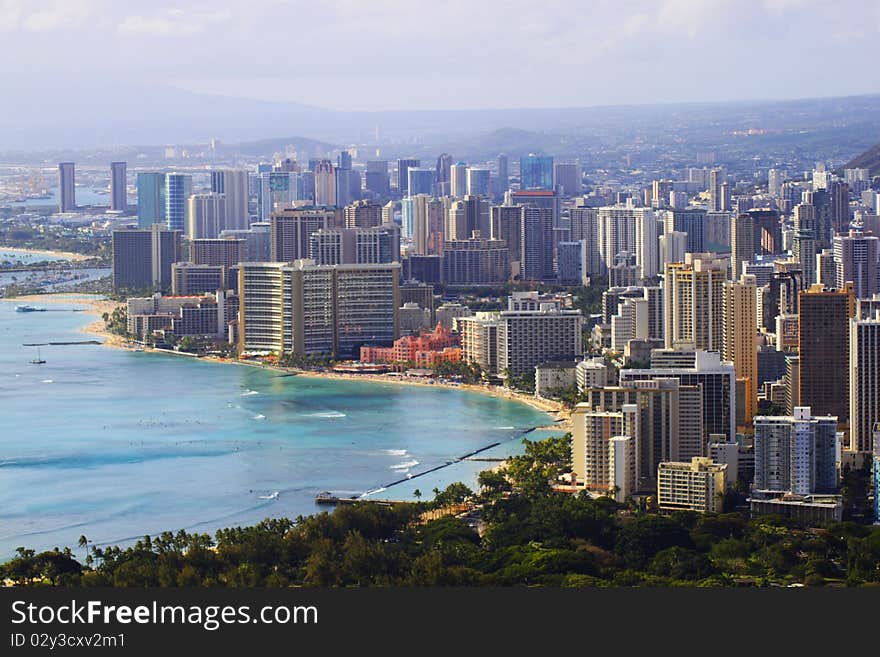 The famous tourist area of Waikiki shot from Diamondhead. The famous tourist area of Waikiki shot from Diamondhead