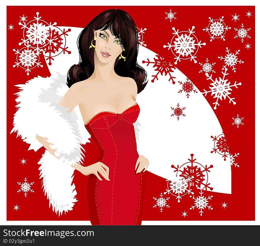 Brown hair lady in red dress on snowflake background. Brown hair lady in red dress on snowflake background