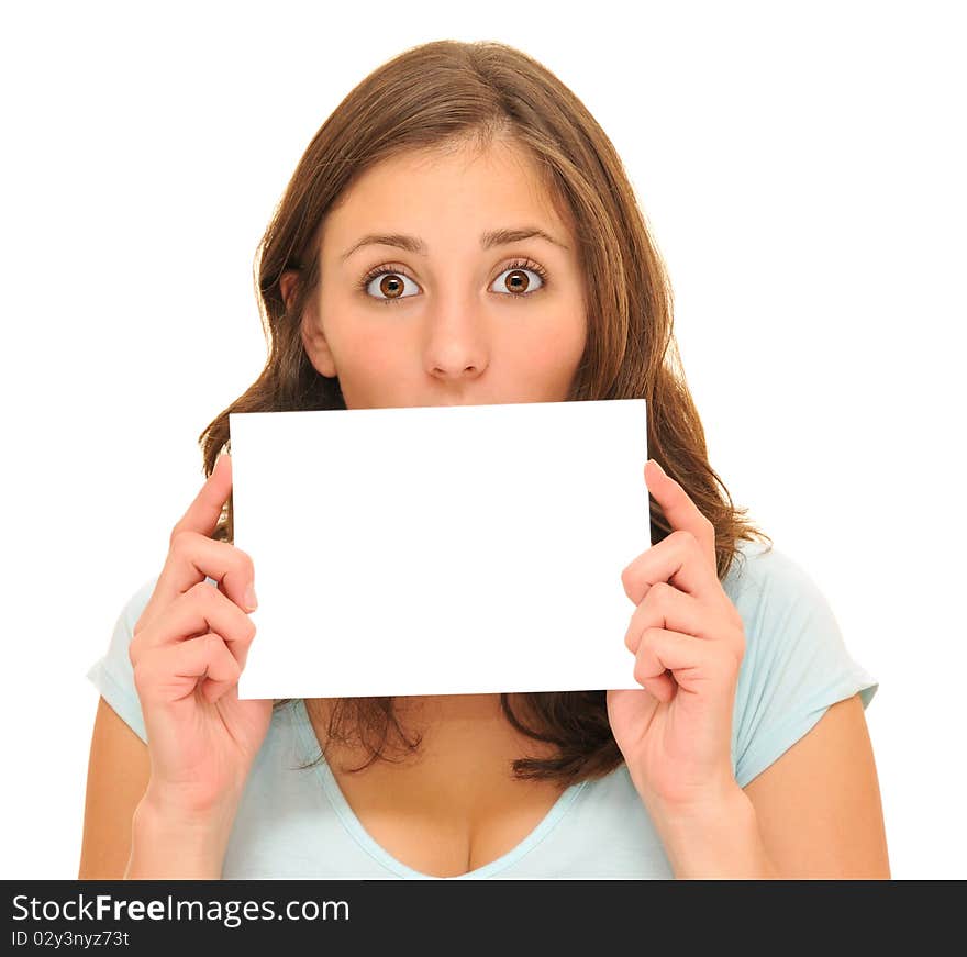 Beautiful woman holding a blank card isolated. Beautiful woman holding a blank card isolated