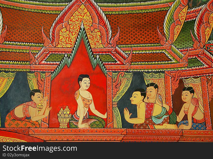 Mural Buddhist temple Thailand Thai Art and Asian art.