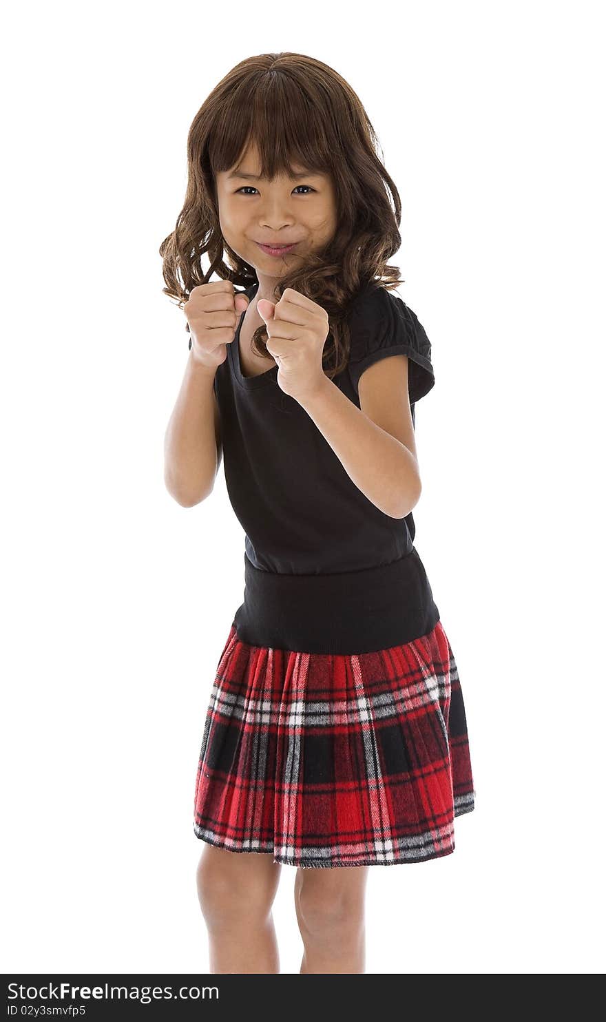 Cute girl posing as a boxer, isolated on white background