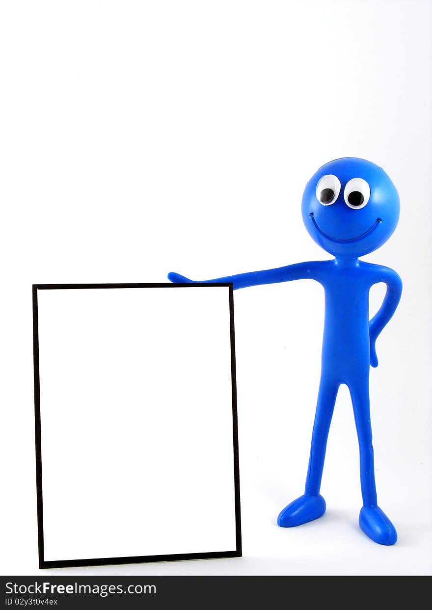 A blue smiley man holding a blank copy space advert board with extra copy space above the image. A blue smiley man holding a blank copy space advert board with extra copy space above the image