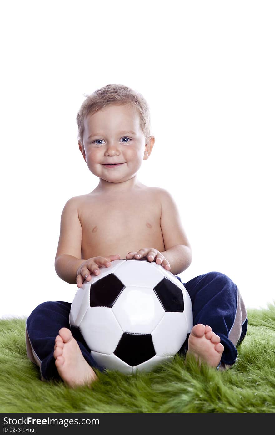 Boy with ball a over white