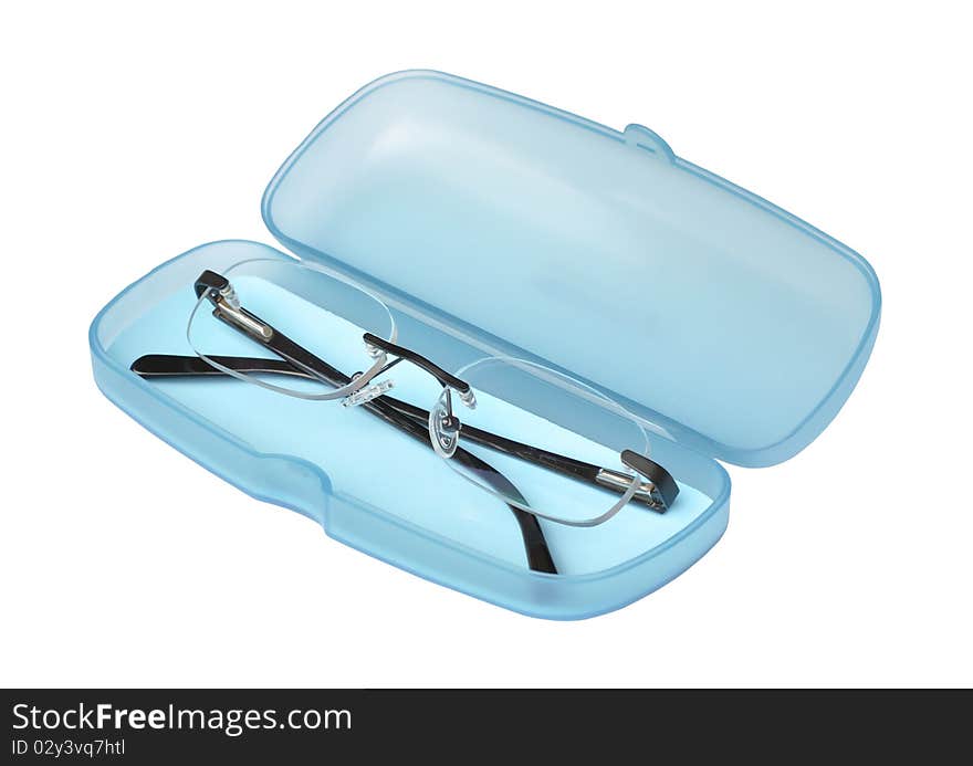 Open sweet blue glasses box with spectacles on white background.