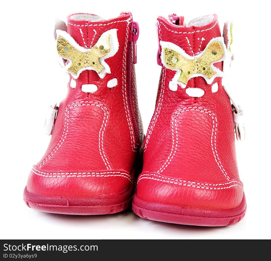 Pair red leather baby boots