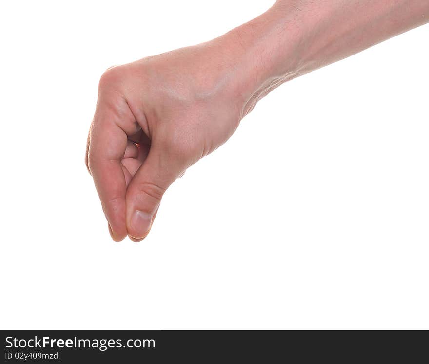 Well shaped male hand reaching for something isolated on white