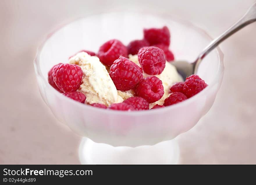 Closeup of raspberries with vanilla ice cream. Shallow depth of field. Closeup of raspberries with vanilla ice cream. Shallow depth of field.