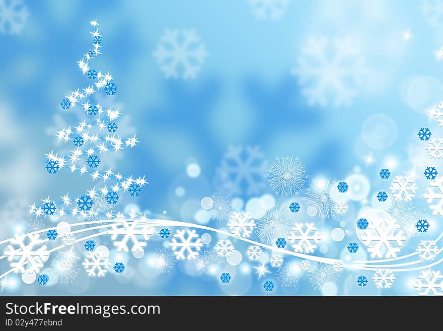 Christmas background:fur-tree and snowflakes