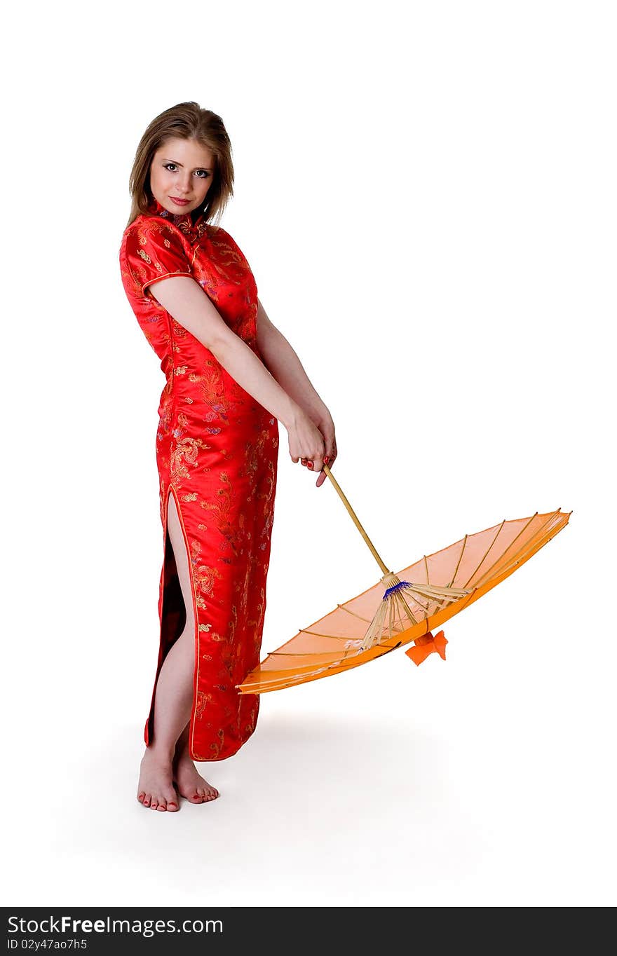 China-style woman in red dress with parasol