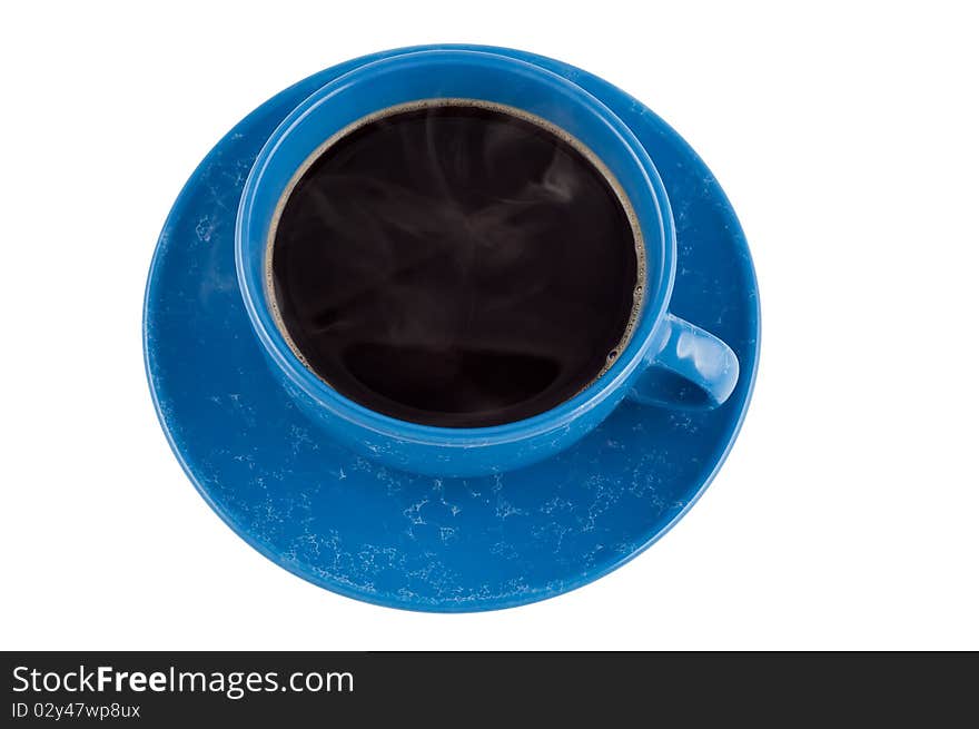 Hot black coffee in cup, isolated.