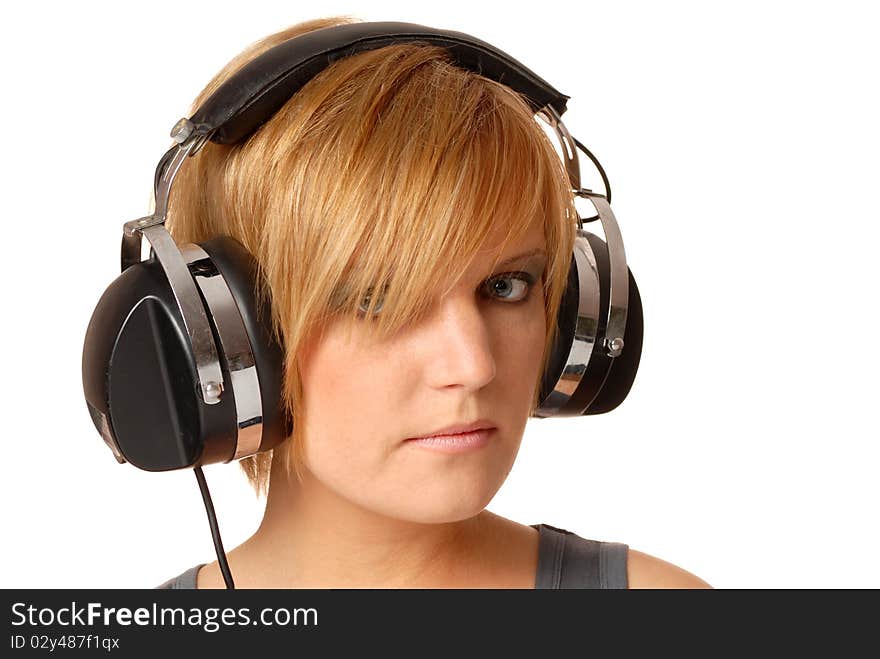 Portrait of happy girl with headphones against isolated white background