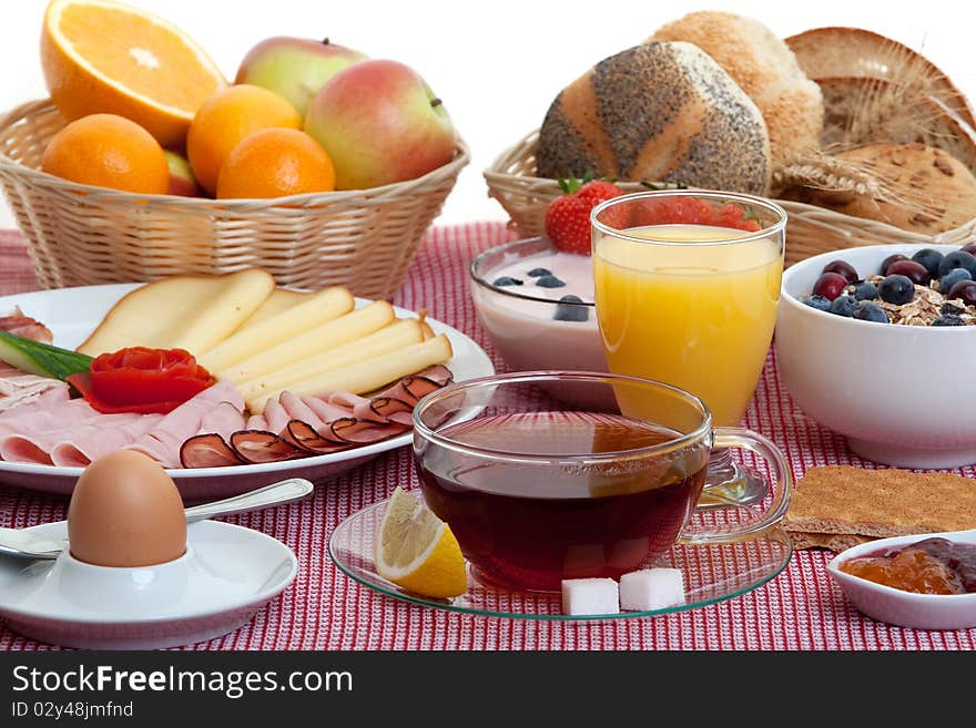 Breakfast, table with large sortiment of food for starts the day healthy