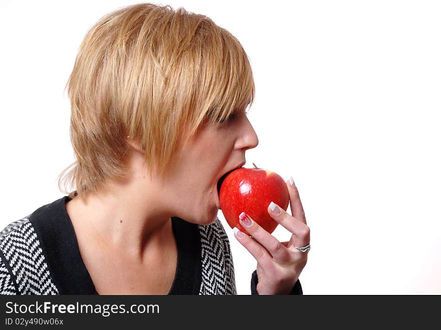 girl with apple isolated on white background. girl with apple isolated on white background