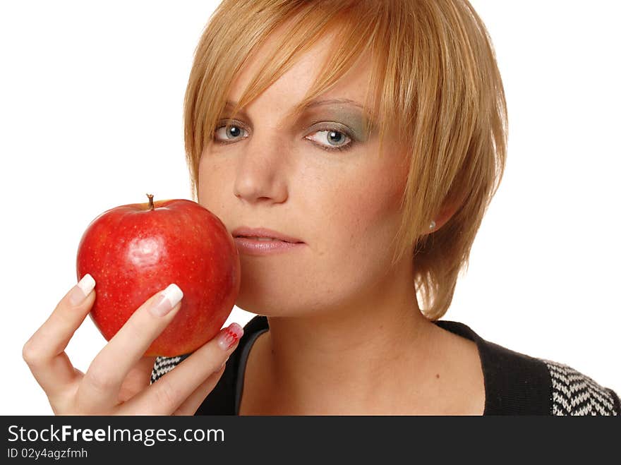 Beautiful woman with apple isolated on white background