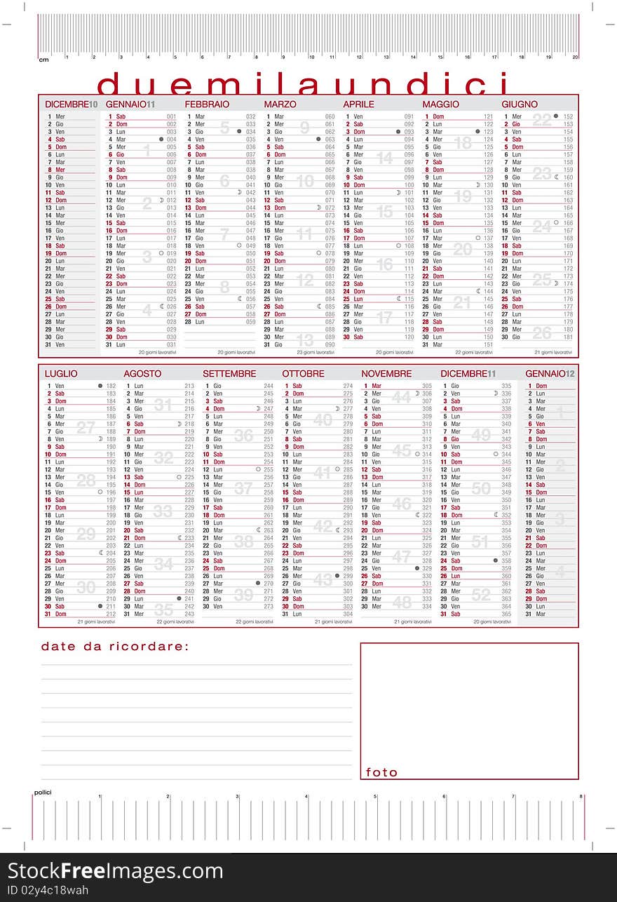 2011 technical calendar with rulers, inches and centimeters, italian language