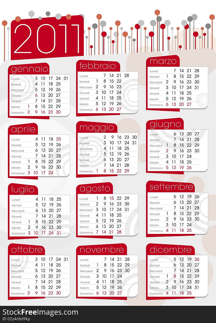 Red 2011 poster graphic calendar in italian. Red 2011 poster graphic calendar in italian