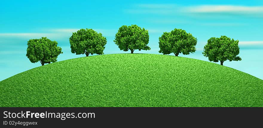 Trees on the hill - this is a 3d render illustration. Trees on the hill - this is a 3d render illustration