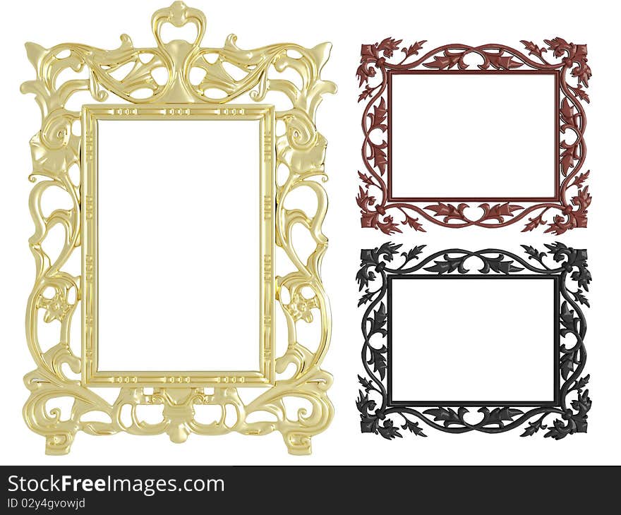 Decorative vintage and gold empty wall picture frames insert your own design, isolated, render/illustration. Decorative vintage and gold empty wall picture frames insert your own design, isolated, render/illustration