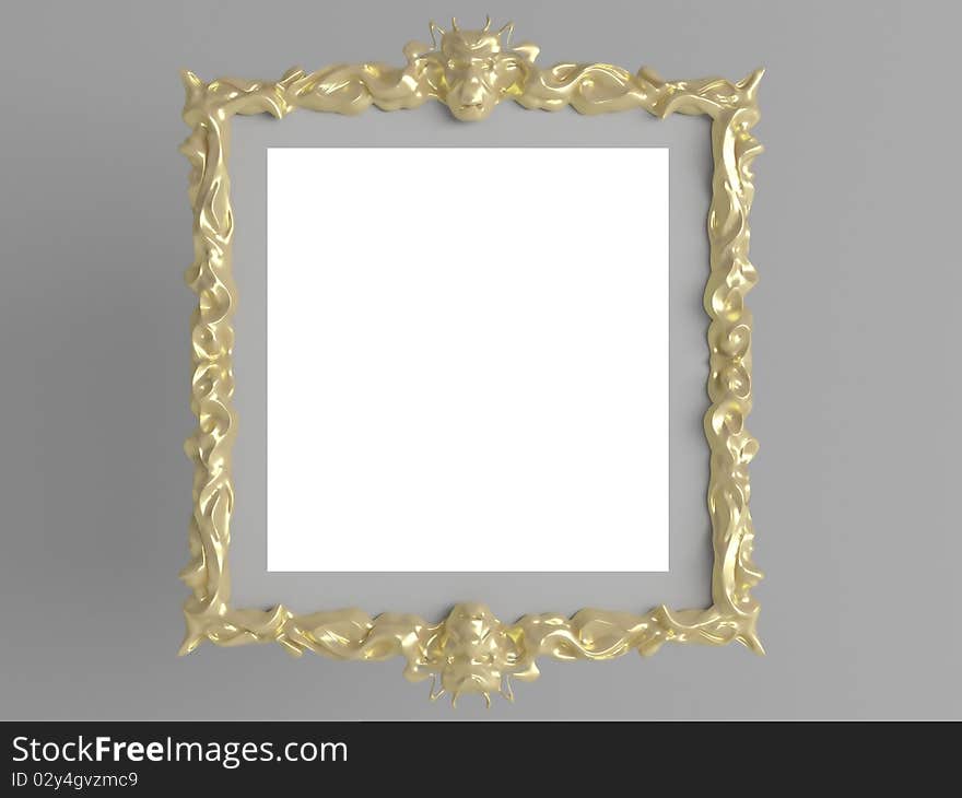 Decorative vintage gold empty wall picture frame insert your own design, isolated, render/illustration. Decorative vintage gold empty wall picture frame insert your own design, isolated, render/illustration