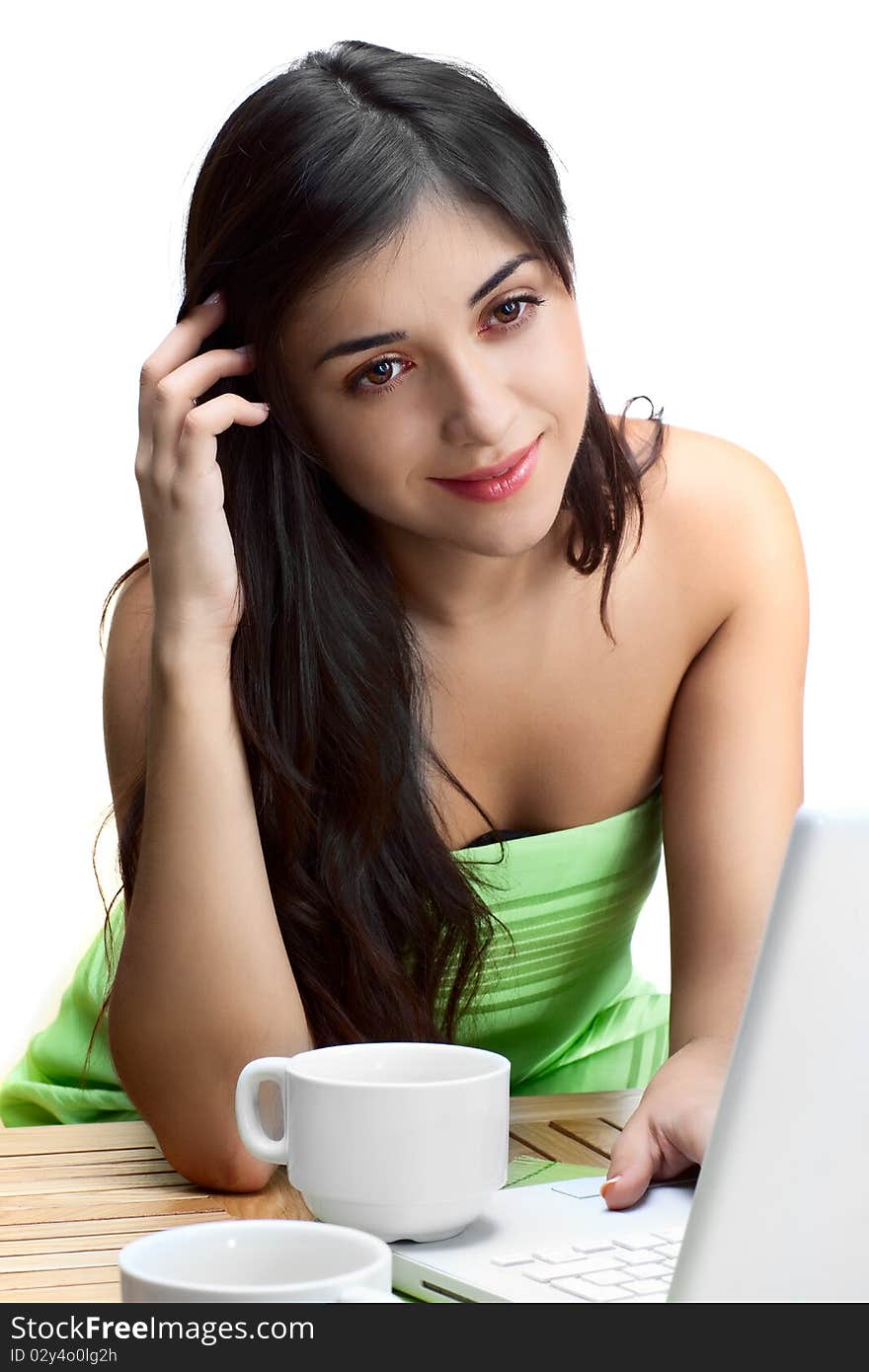 Beautiful woman  in cafe over white background