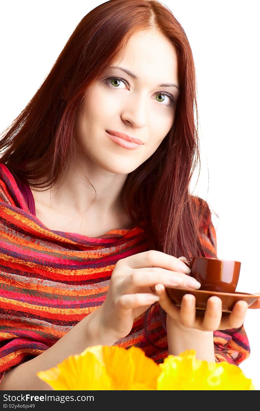 Beautiful woman  in cafe over white background with fair hair