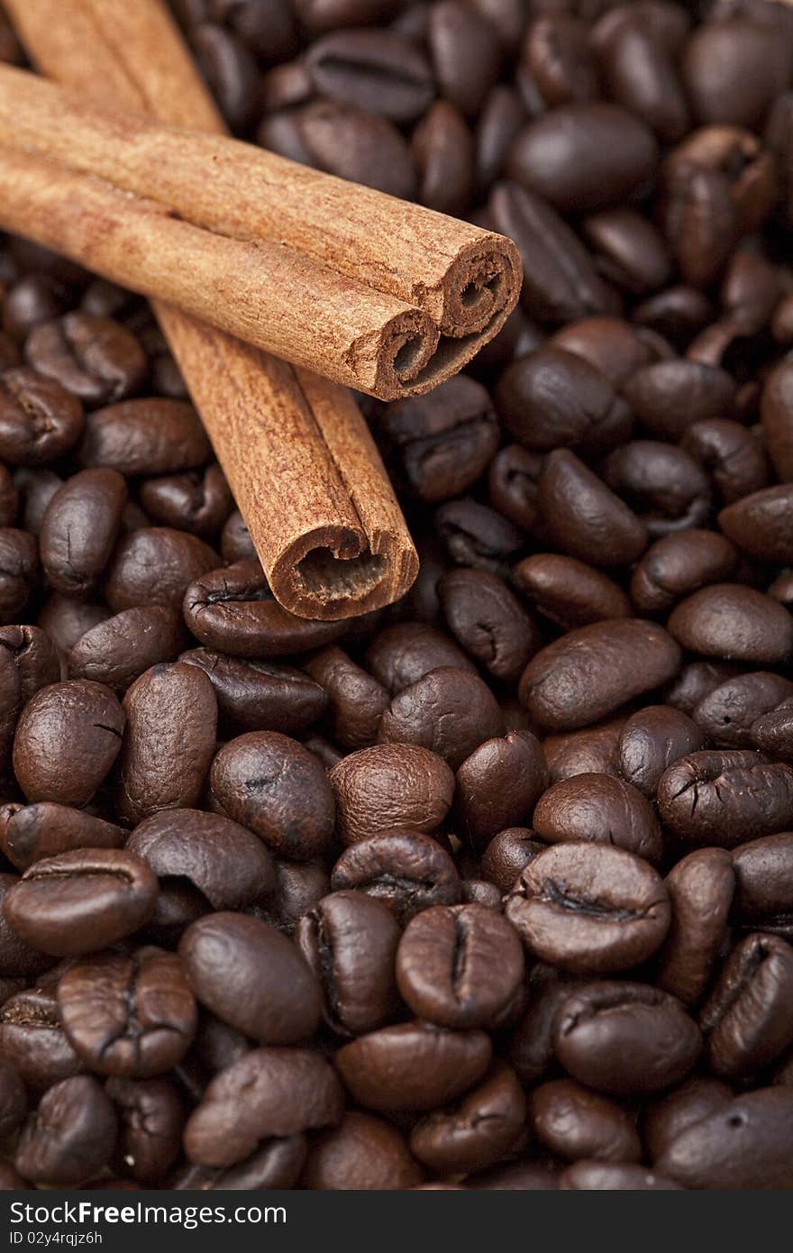 Cinnamon sticks on top of coffee beans