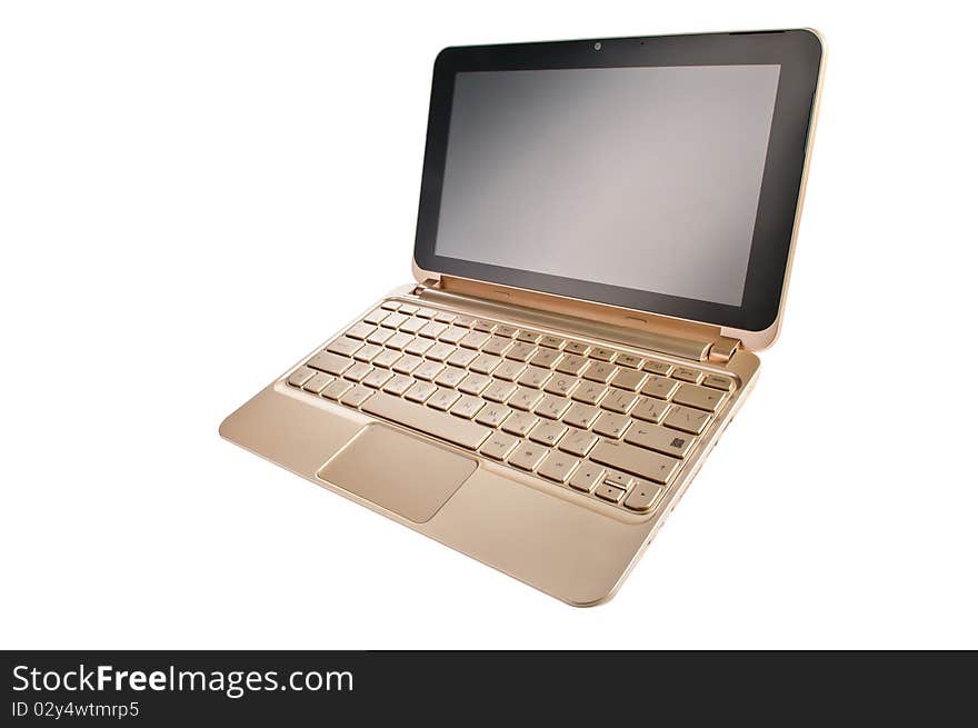 Golden notebook with a black screen open. Golden notebook with a black screen open