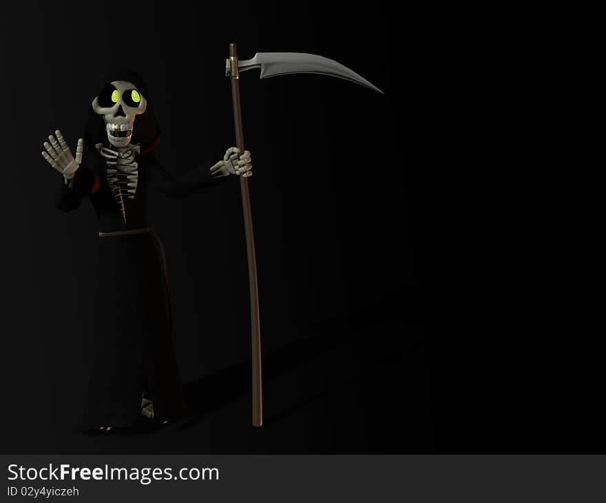 A smiling funny cartoon skeleton dressed as the grim reaper, holding a scythe and waving at you. A smiling funny cartoon skeleton dressed as the grim reaper, holding a scythe and waving at you.