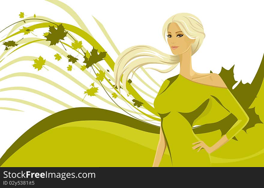 Girl and green abstract background with maple leaves