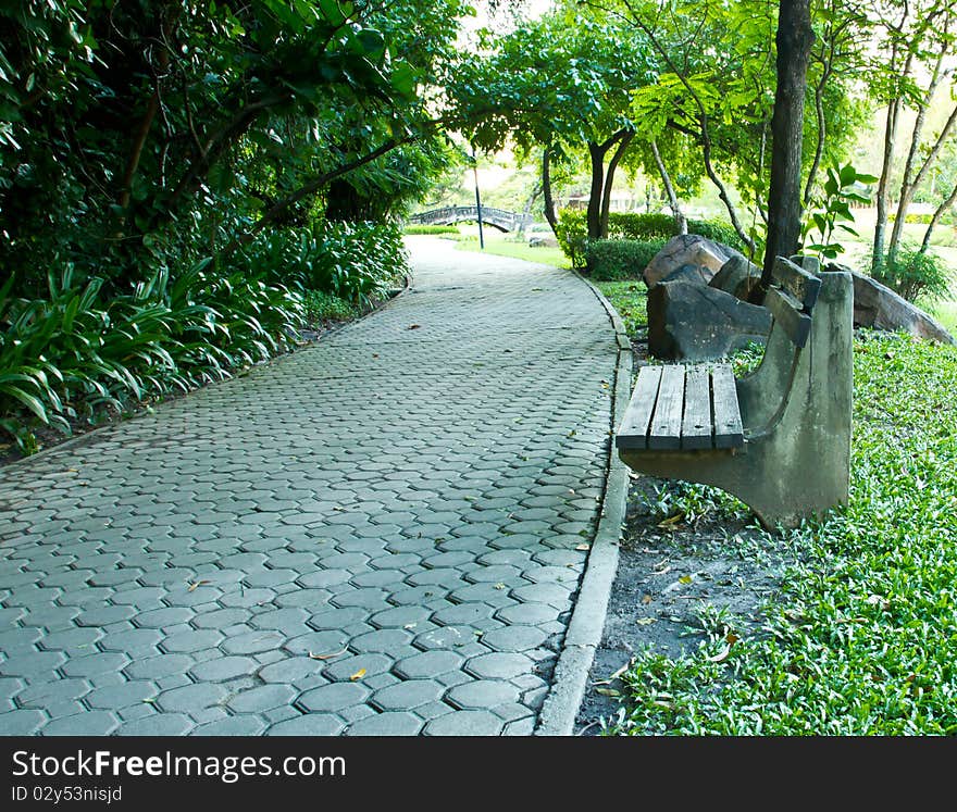 Bench And Walkway In A Public Park