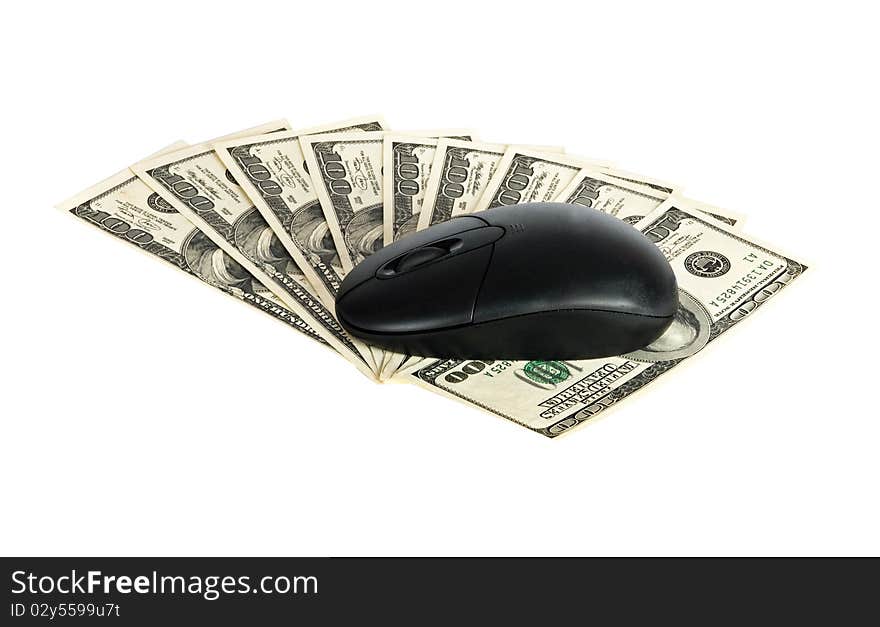 Wireless black mouse on dollars. Wireless black mouse on dollars