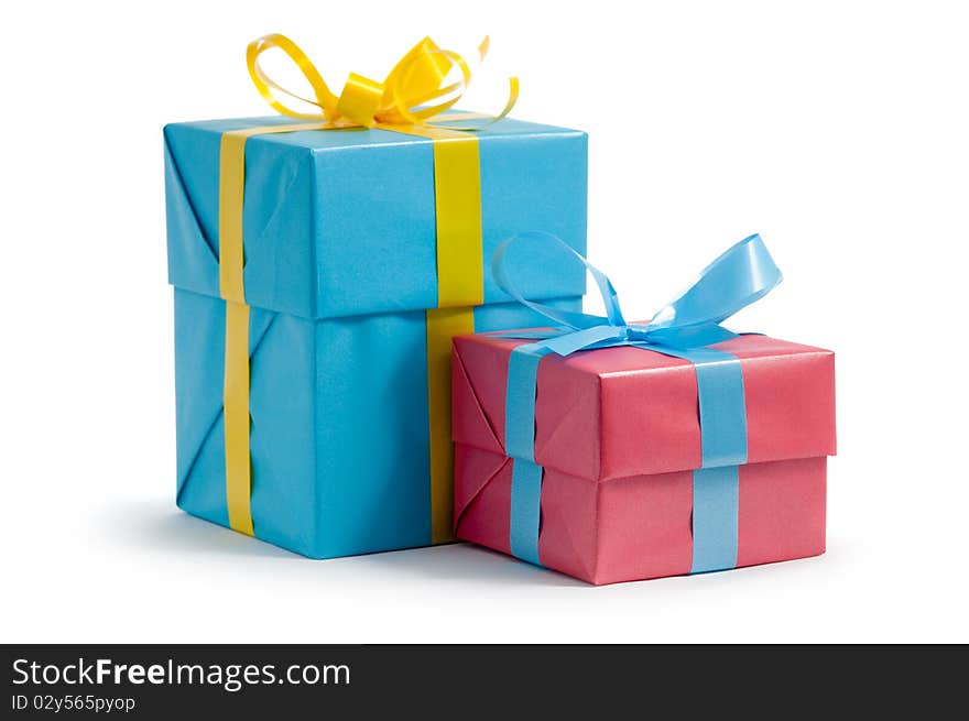 Color gift boxes on white background