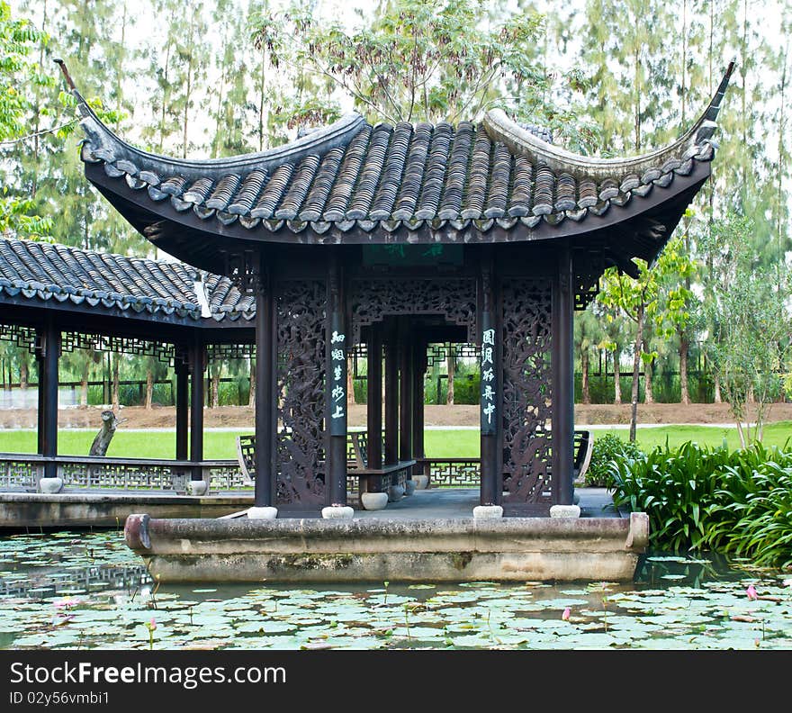 Chinese traditional pavilion at public park in Bangkok Thailand