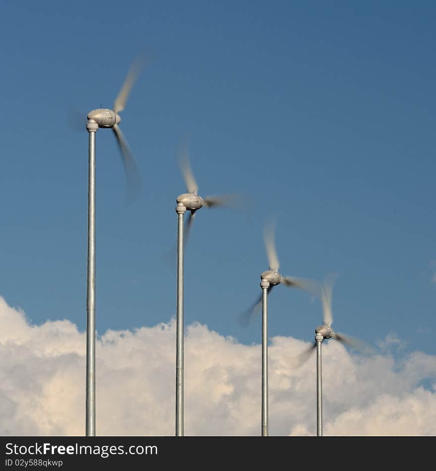 Spinning wind turbines in Mackinaw City, Michigan