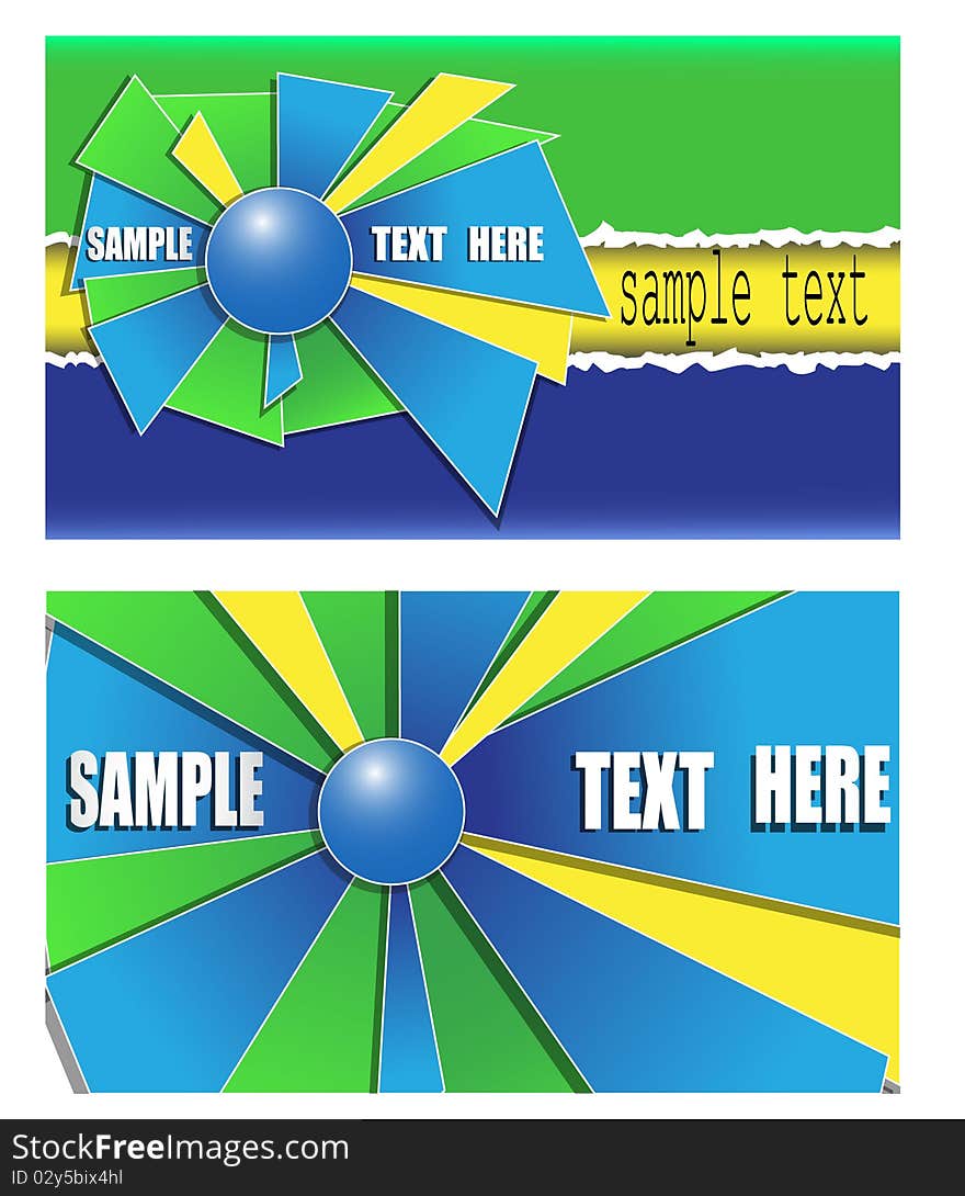 The vector image of a visiting card with use of blue green and yellow colors with a sphere in the middle