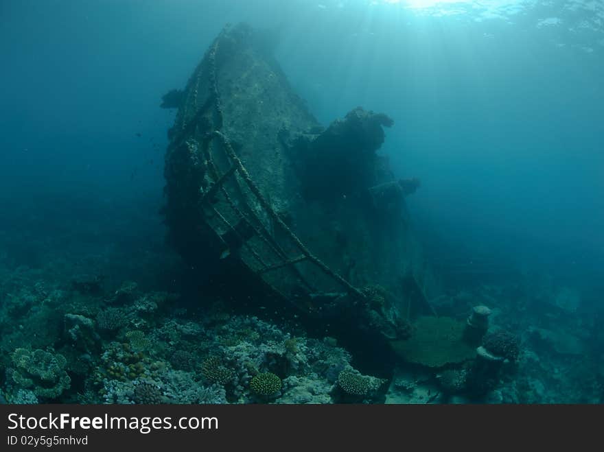 Bow section of the Shipwreck, Kormoran, Red Sea, Egypt. Bow section of the Shipwreck, Kormoran, Red Sea, Egypt.