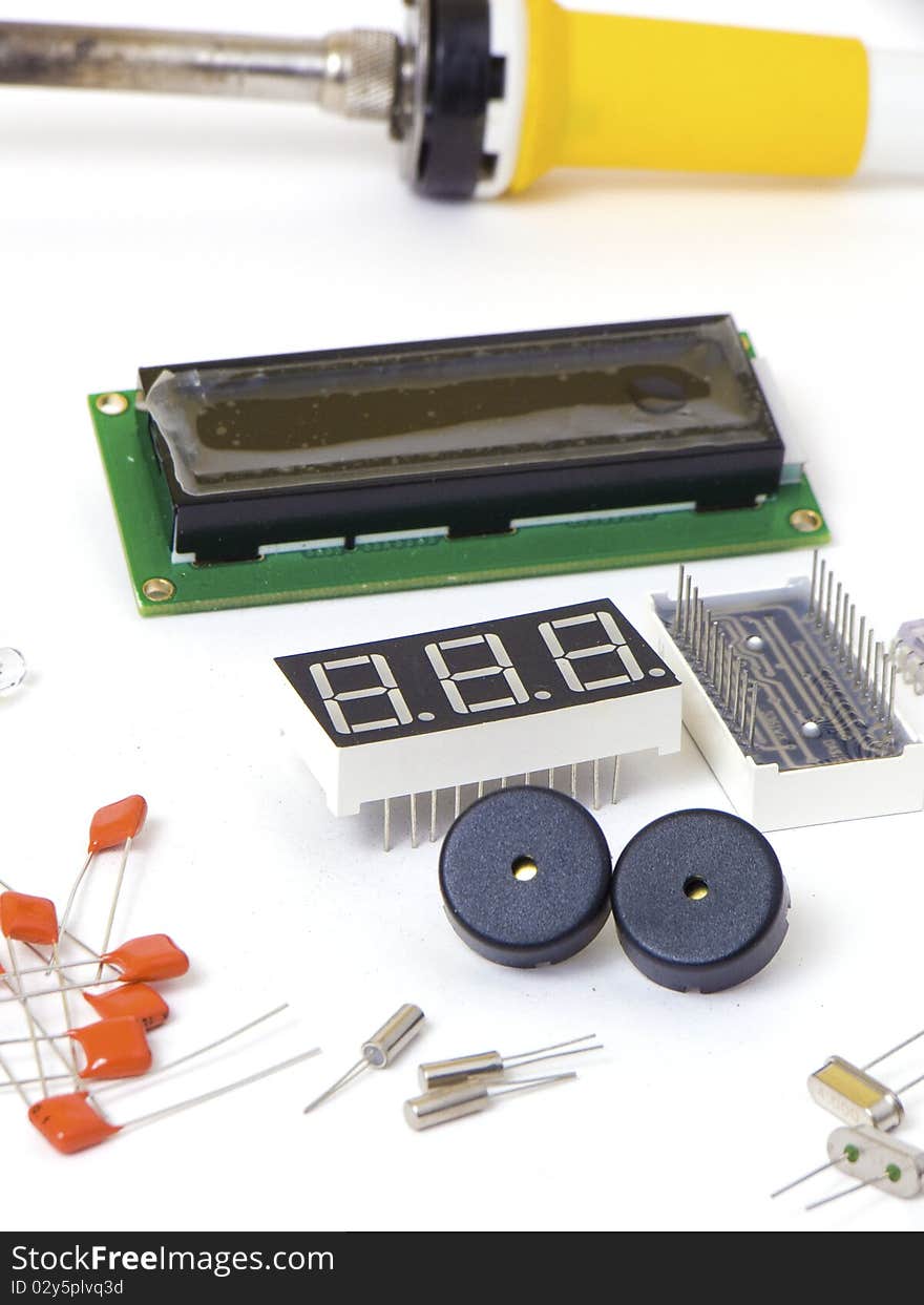 Solder iron and electronic parts as leds, capacitors, transistors, voltage regulators, ics etc