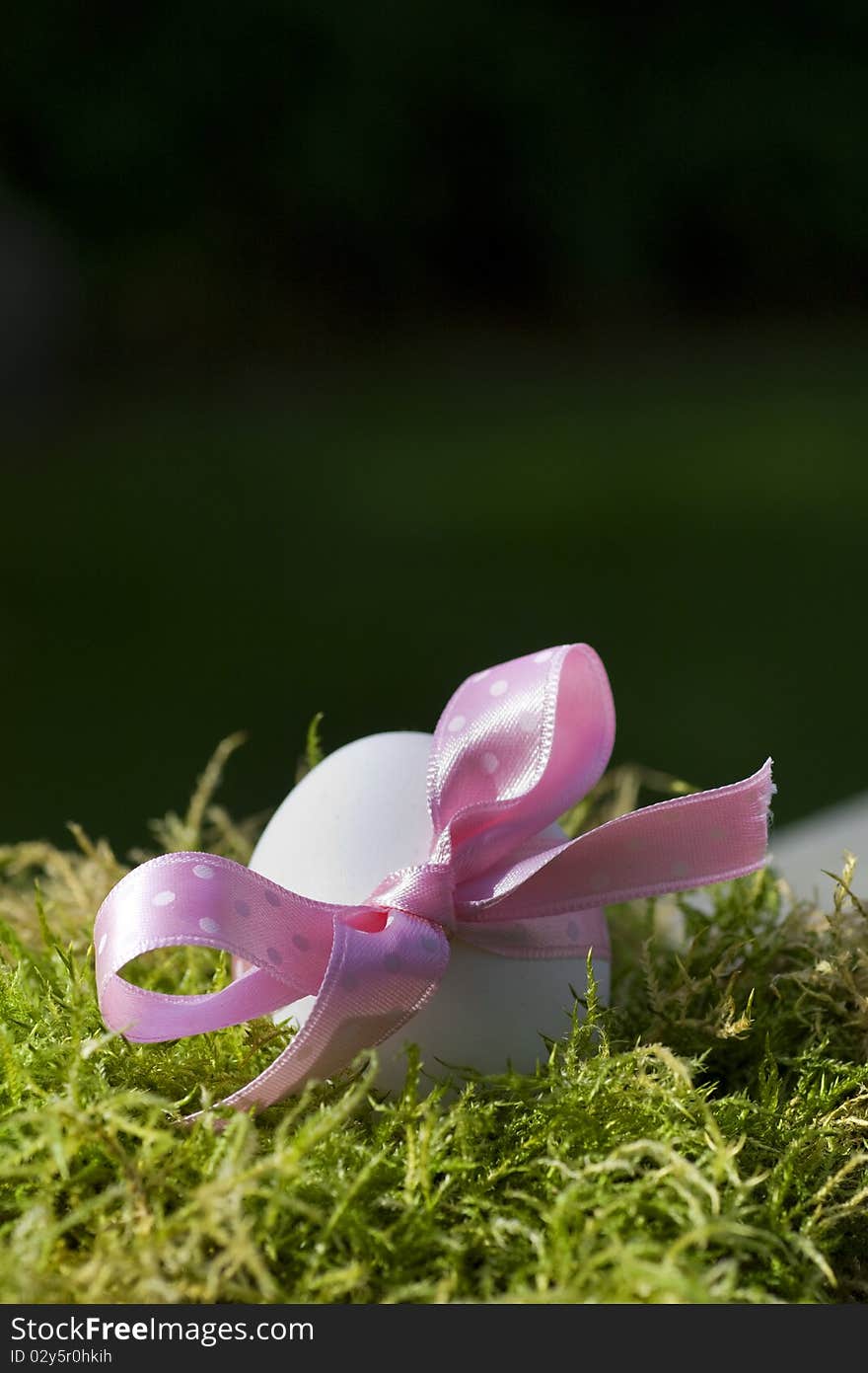 Easter egg with pink bow in green moss