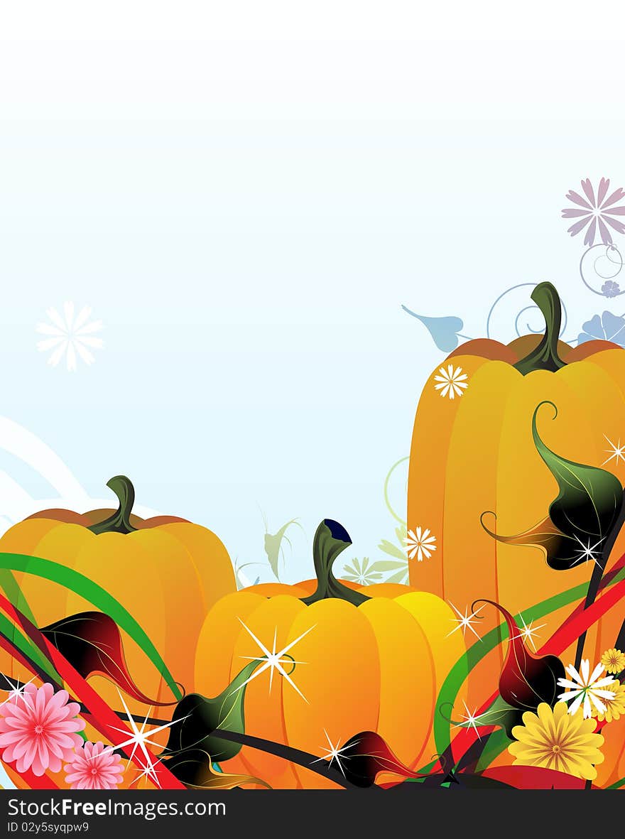 Three fabulous pumpkins on the sparkling floral background