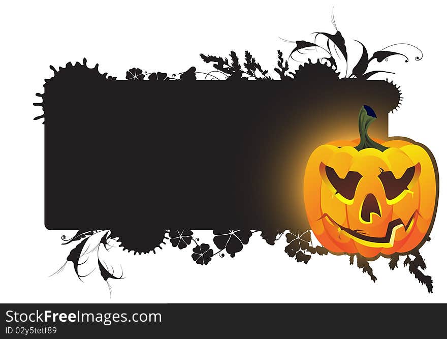 Glowing pumpkin lantern on a dark floral background