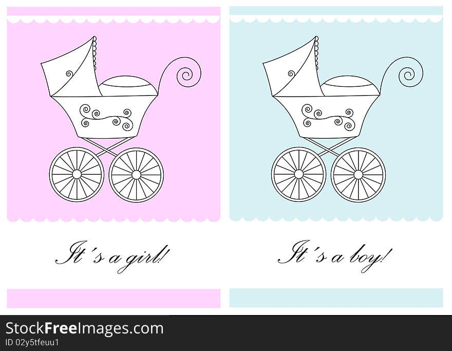 Set of pink and blue baby announcements for a girl and a boy with a coach. Set of pink and blue baby announcements for a girl and a boy with a coach