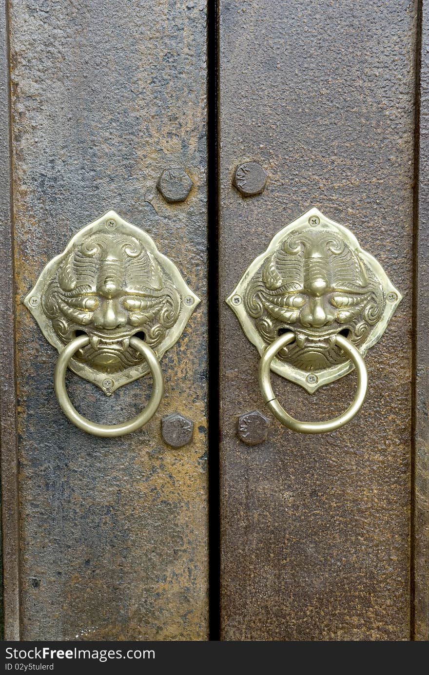 Beautiful old rusty gate with lion head knocker. Beautiful old rusty gate with lion head knocker.