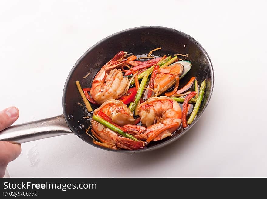 Seafoods And Vegetables On Pan