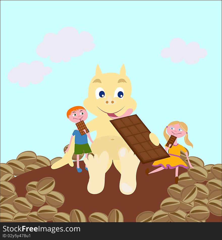 Children with chocolate. Vector illustration.